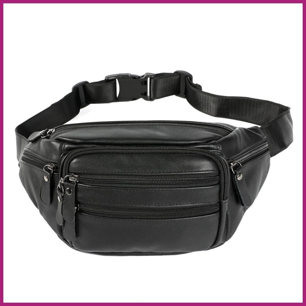 Leather Fanny Pack Waist Belt Bag Multi-Pockets Travel Sports
